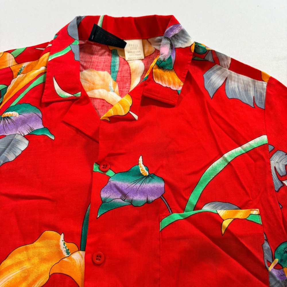 Frank Hawaiian Shirt Men Large Red Rayon Floral Hummingbird Tropical Made in USA